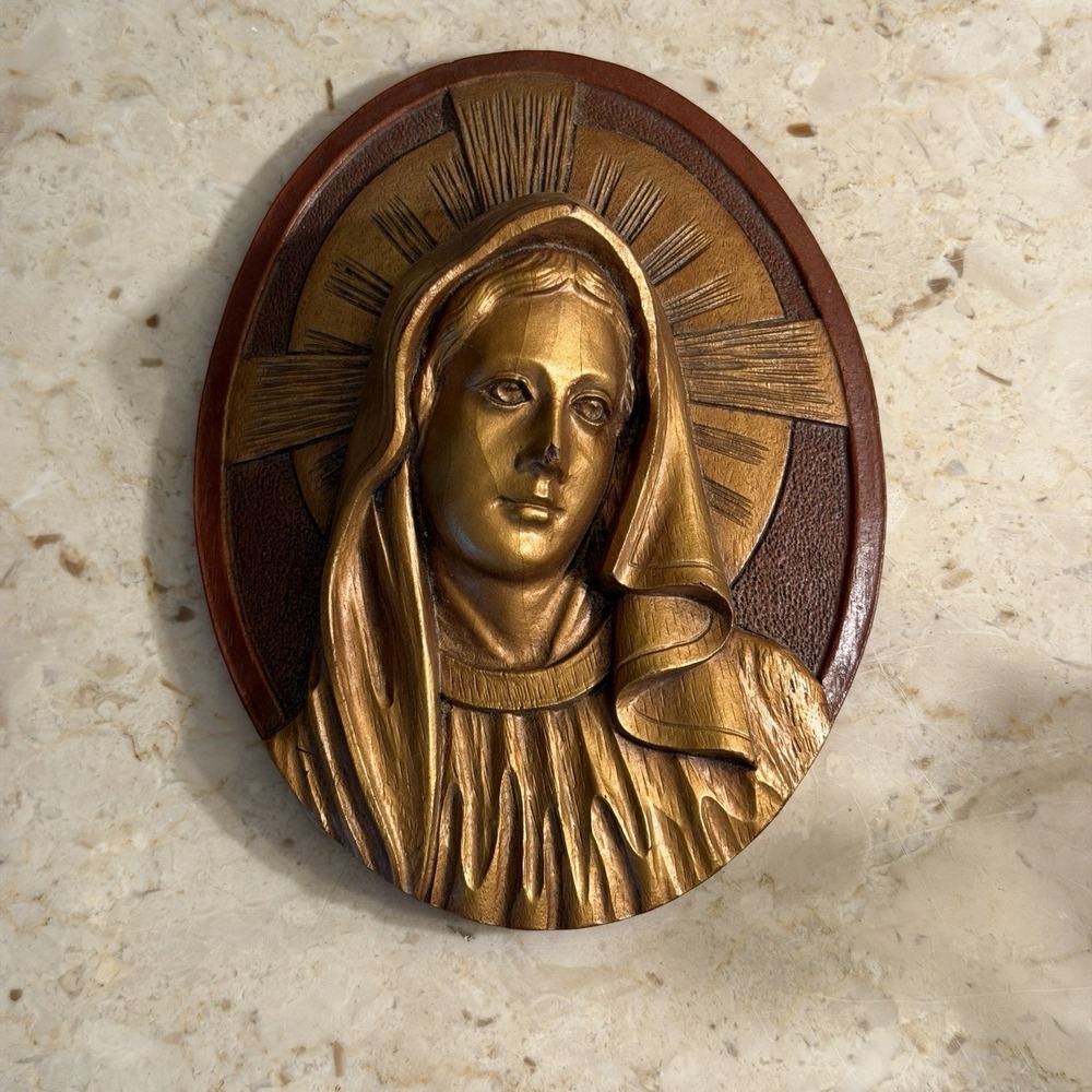 Arabesque Religious Mary & Jesus Wooden 3D Wall Hanging Plaque 5.5" x 7" Gold